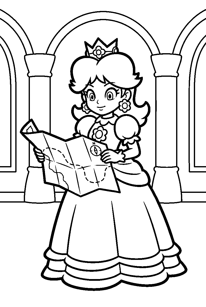 princess daisy reading a map in a sarasaland palace hall line art