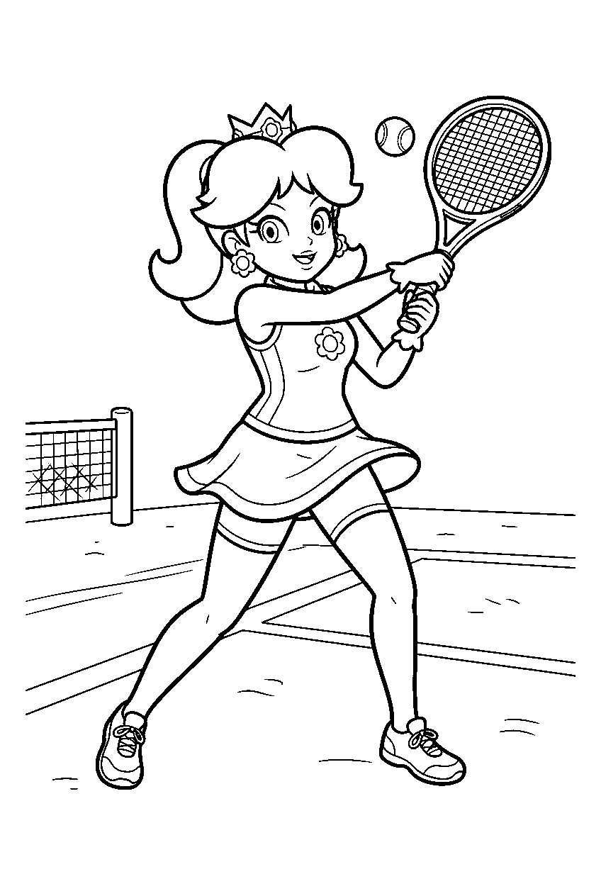 princess daisy returning a tennis ball with a backhand on a mario tennis court line art