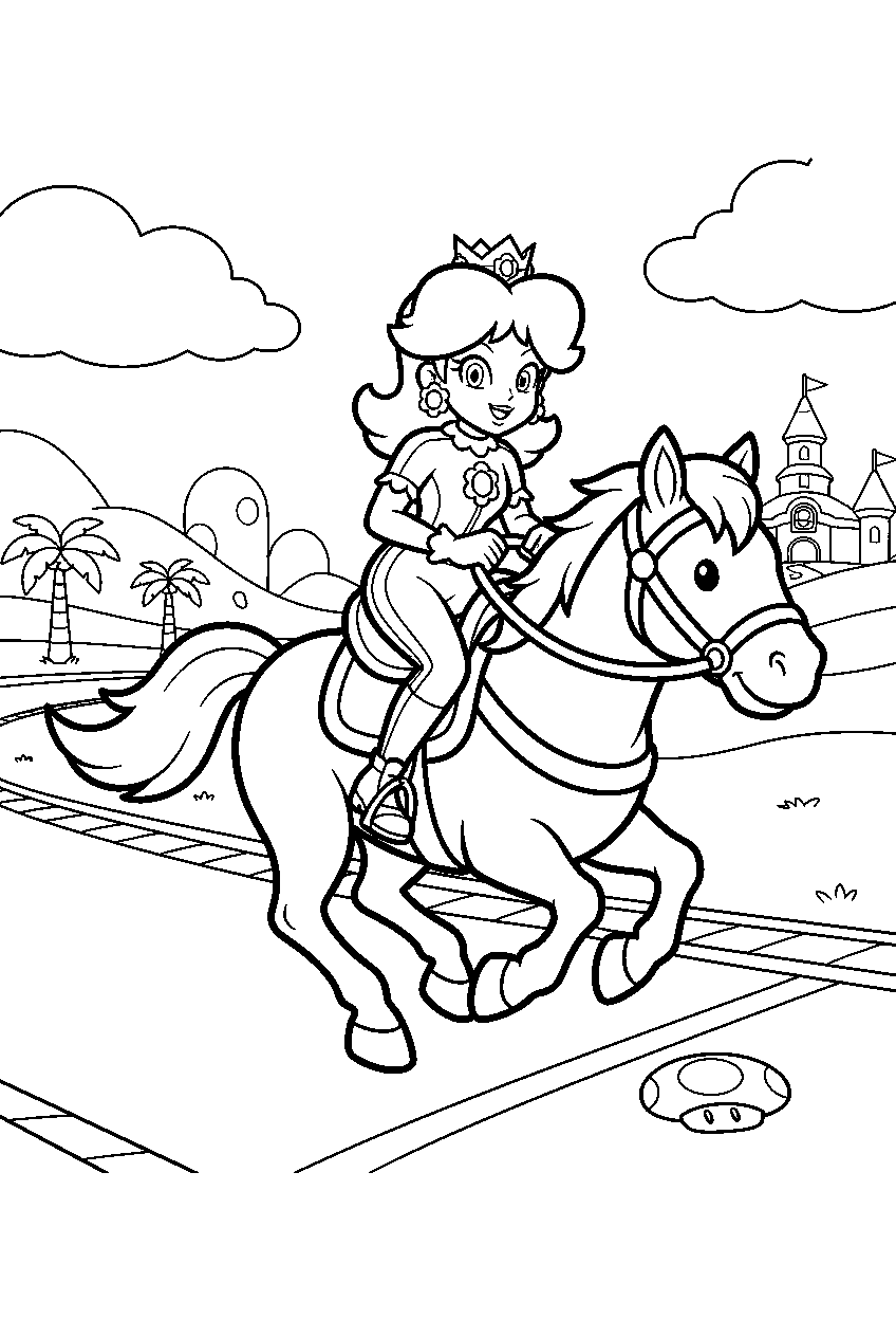 princess daisy riding a horse on a mario sports track line art