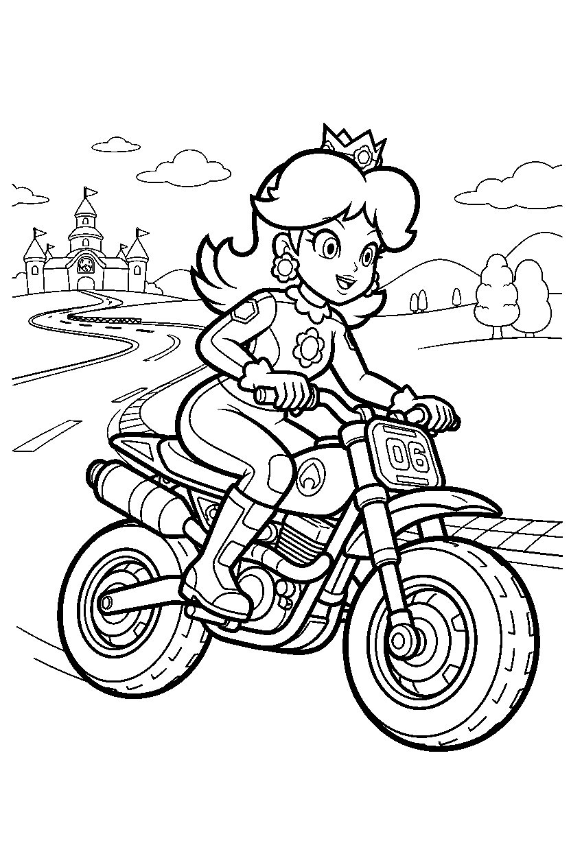 princess daisy riding a motorbike on a mario kart speedway line art