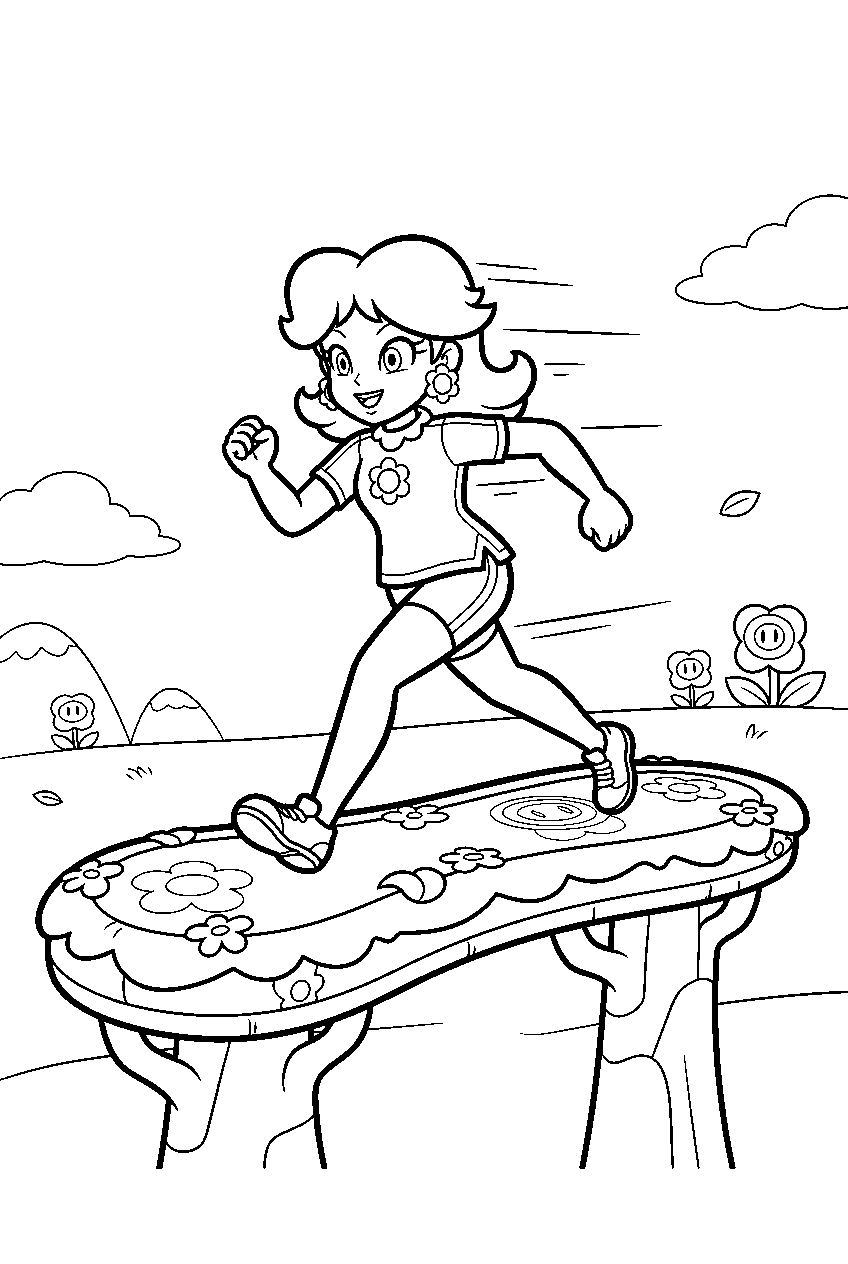 princess daisy running across a wonder flower platform line art