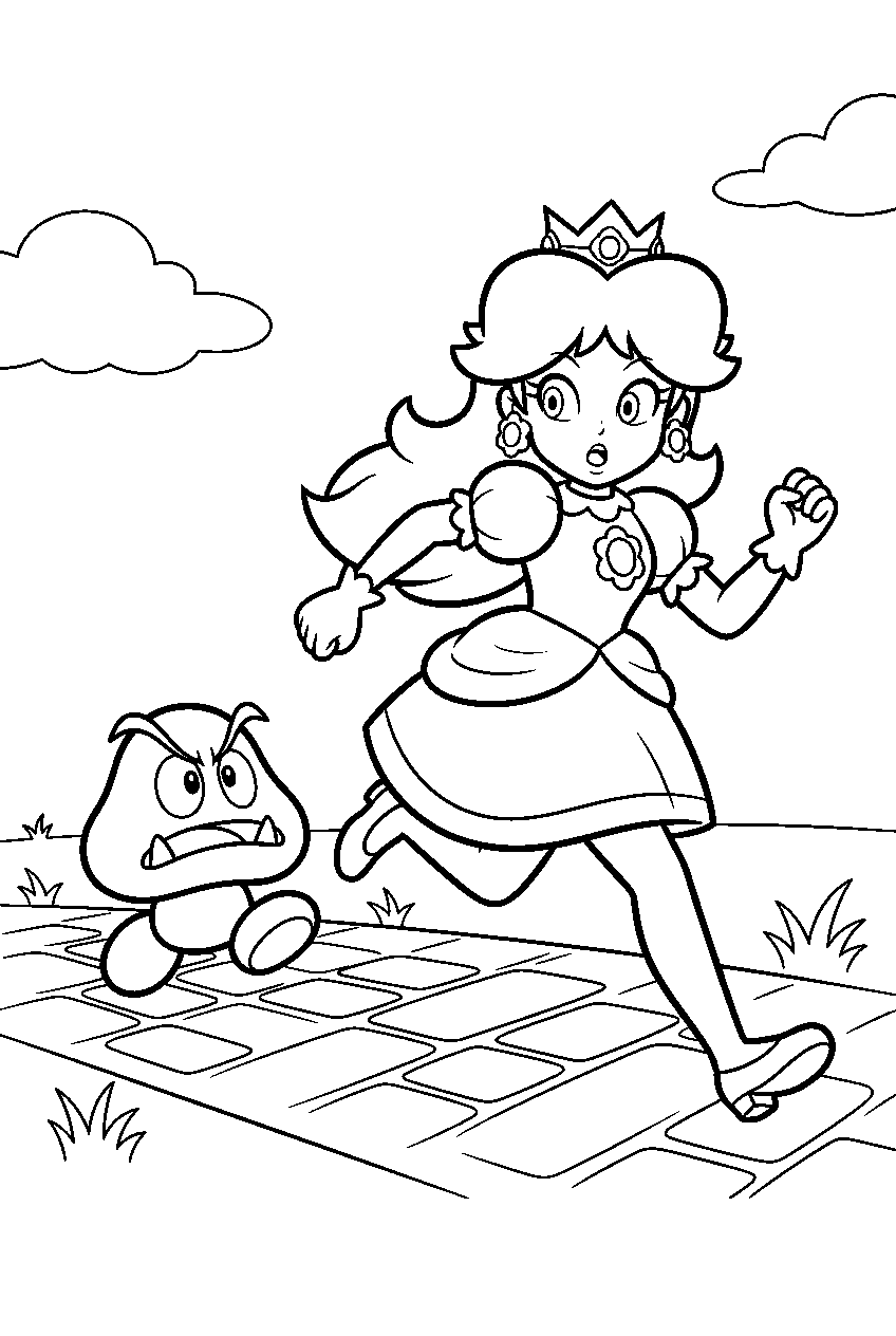 princess daisy running from a goomba on a brick path line art