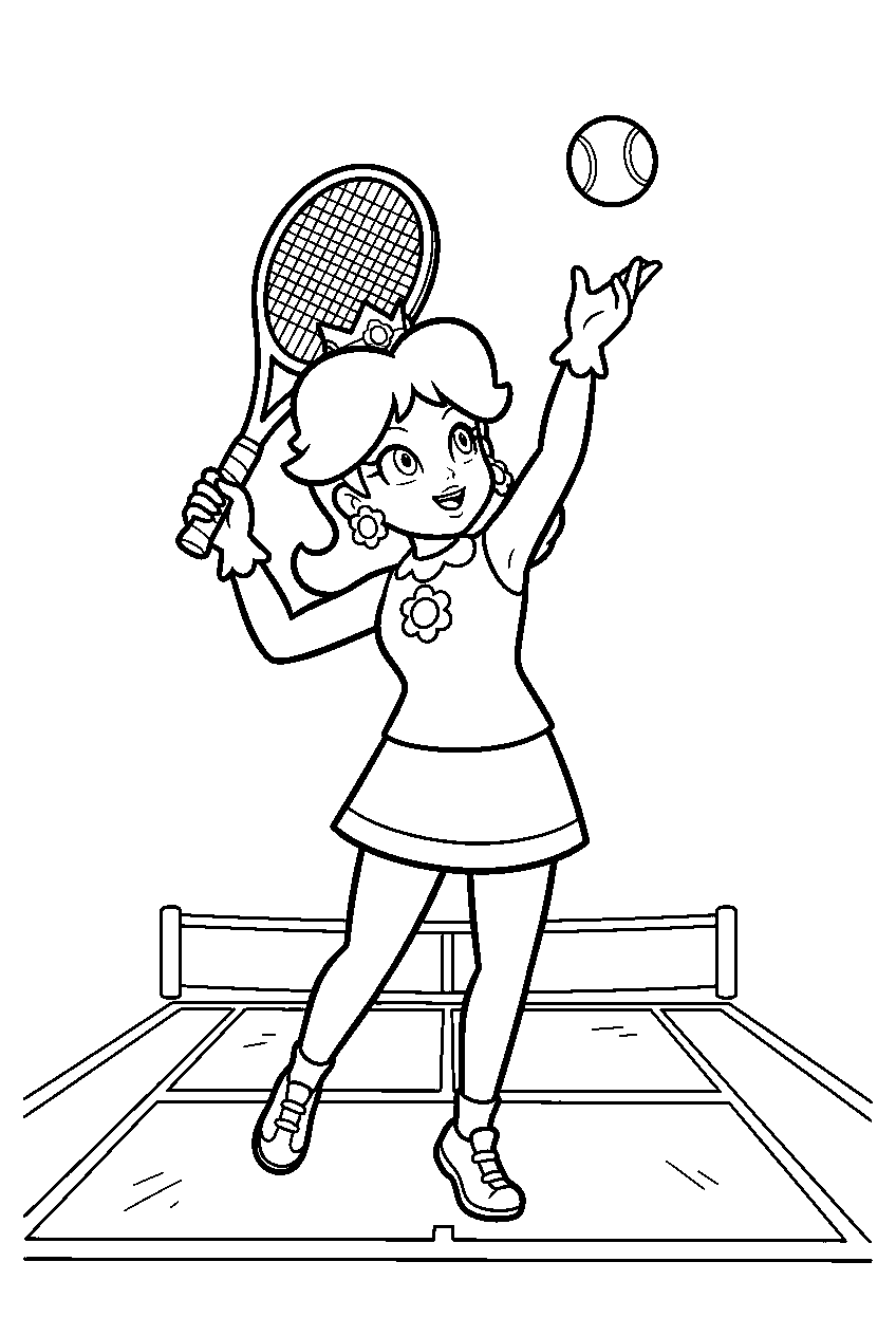 princess daisy serving a tennis ball on a mario tennis court line art