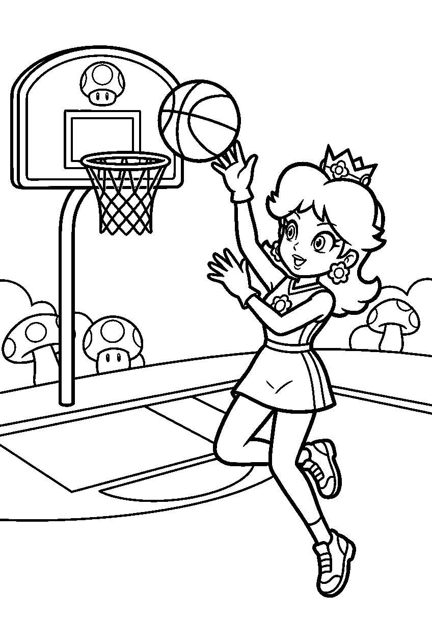 princess daisy shooting a basketball on a mario sports court line art