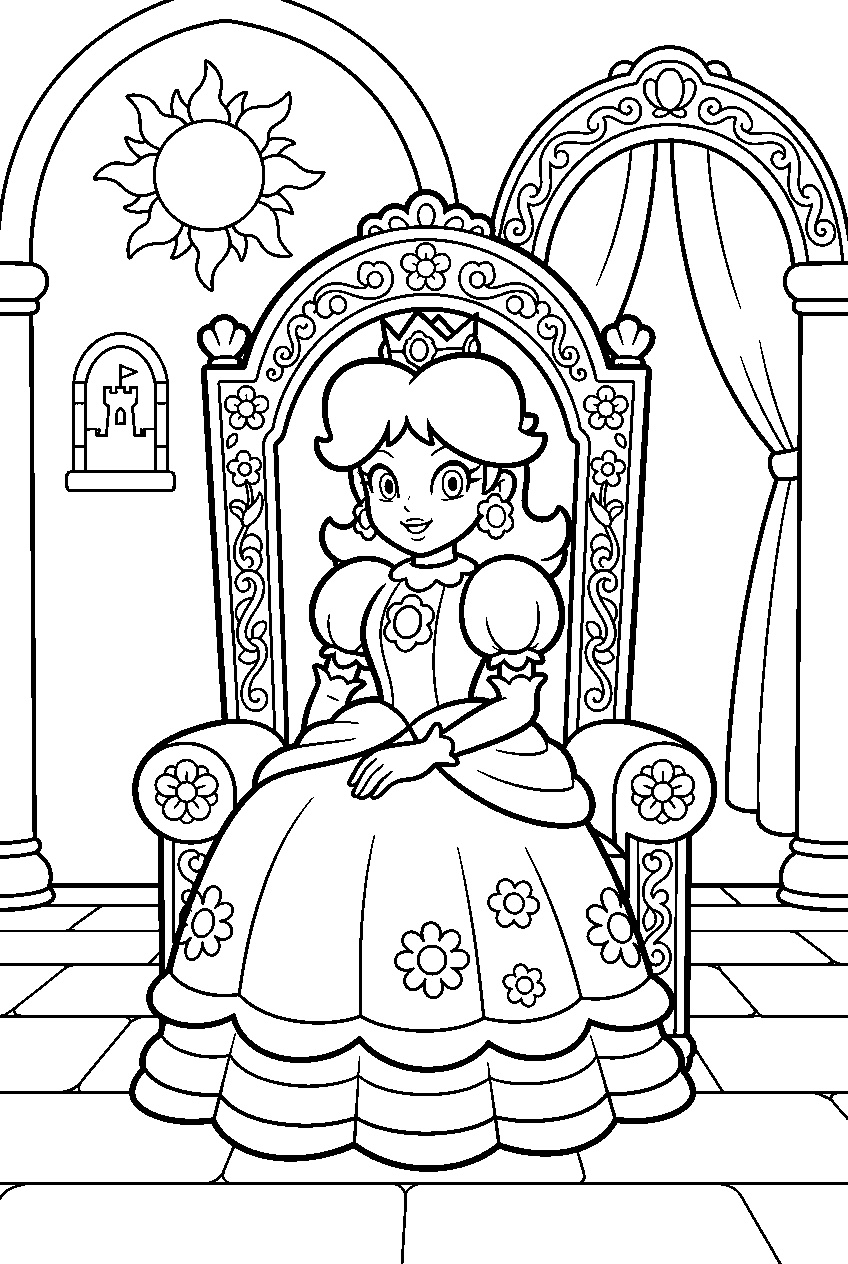 princess daisy sitting on a throne in sarasaland castle line art