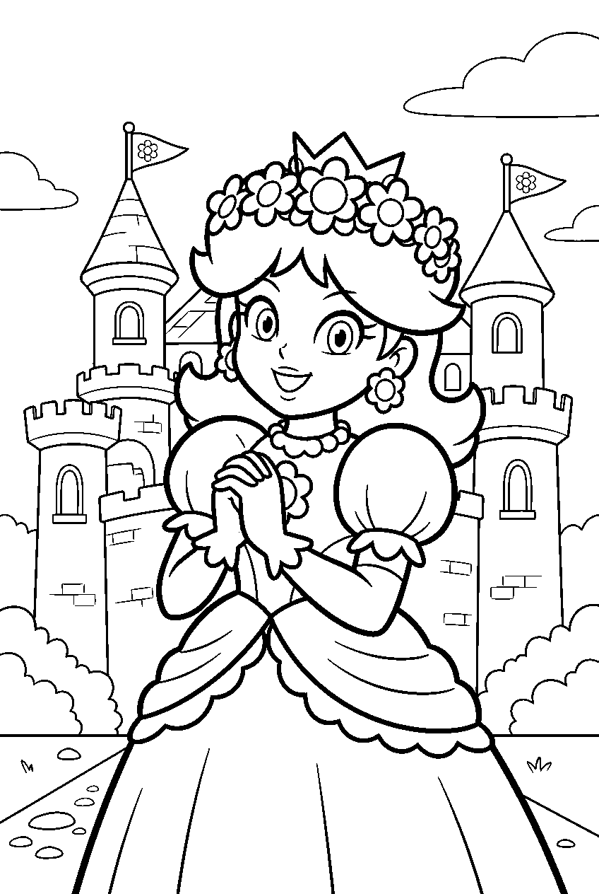 princess daisy smiling outside sarasaland castle line art