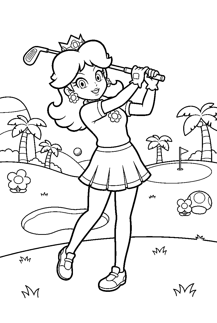 princess daisy swinging a golf club on a mario golf course line art