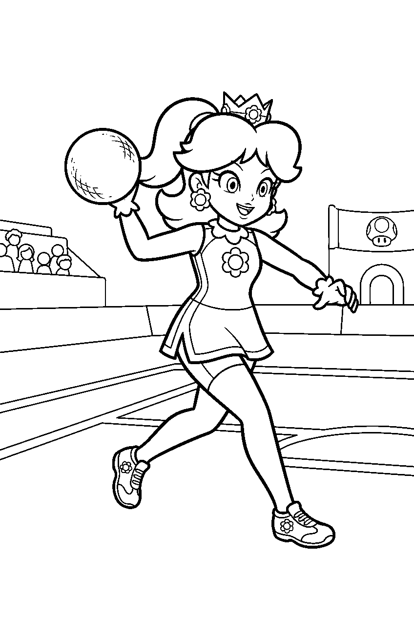 princess daisy throwing a dodgeball in a mario sports arena line art