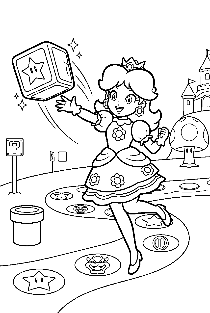 princess daisy throwing a party dice block in a mario party board line art