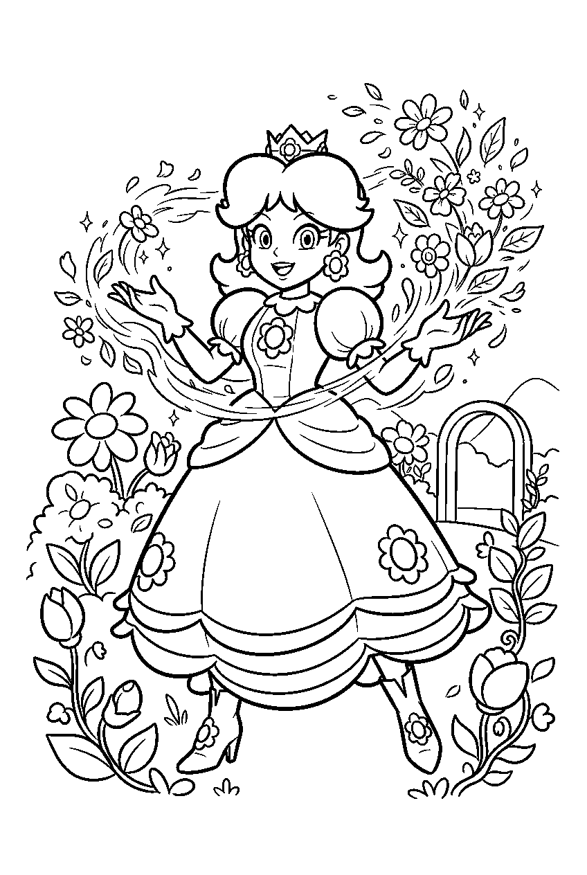 princess daisy using flower power in a blooming garden line art