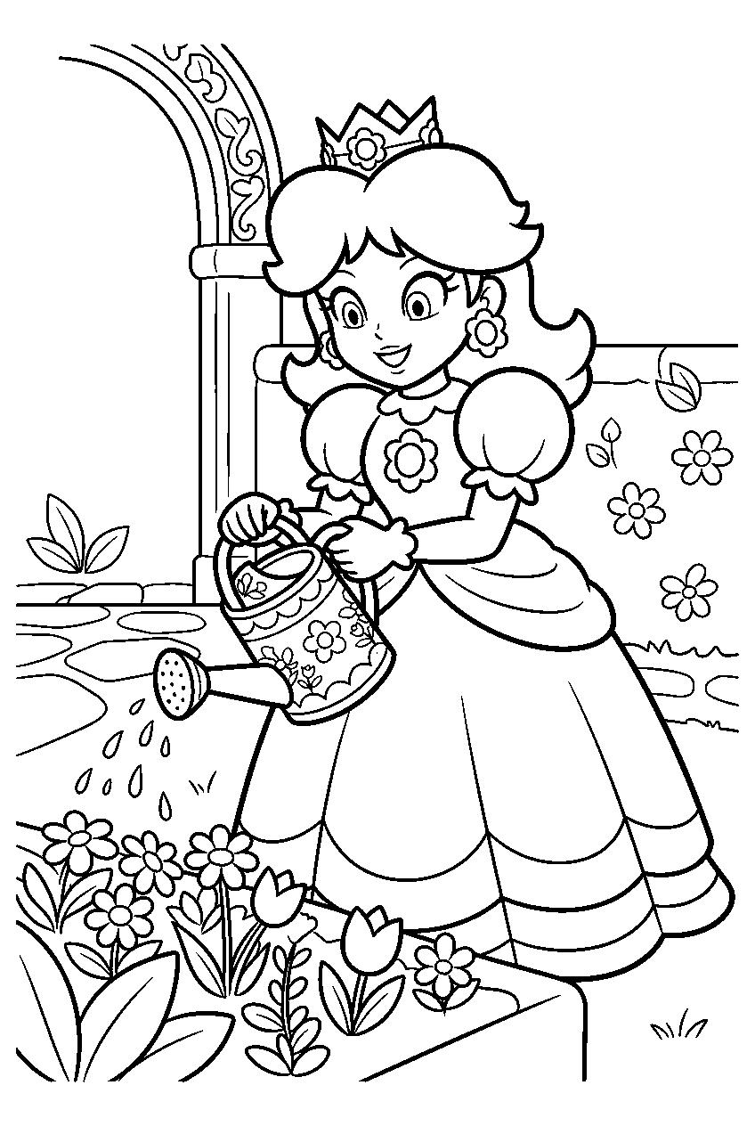 princess daisy watering flowers with a watering can in a palace garden line art