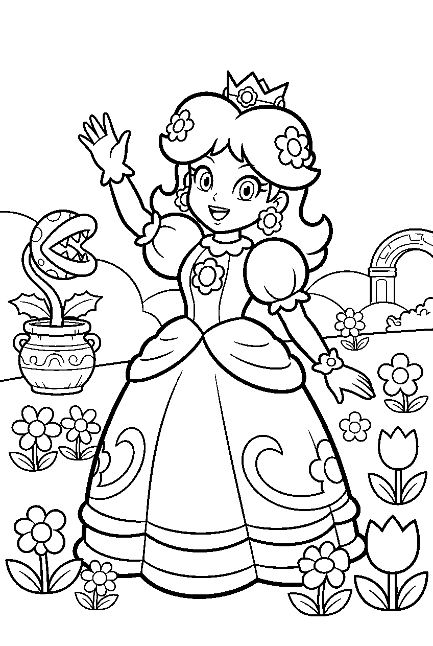 princess daisy waving in a flower garden in sarasaland line art