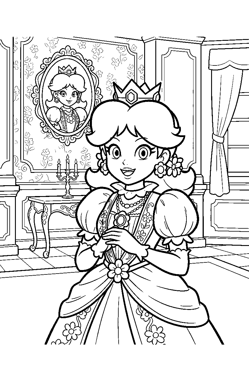 princess daisy wearing a crown in a royal portrait room line art