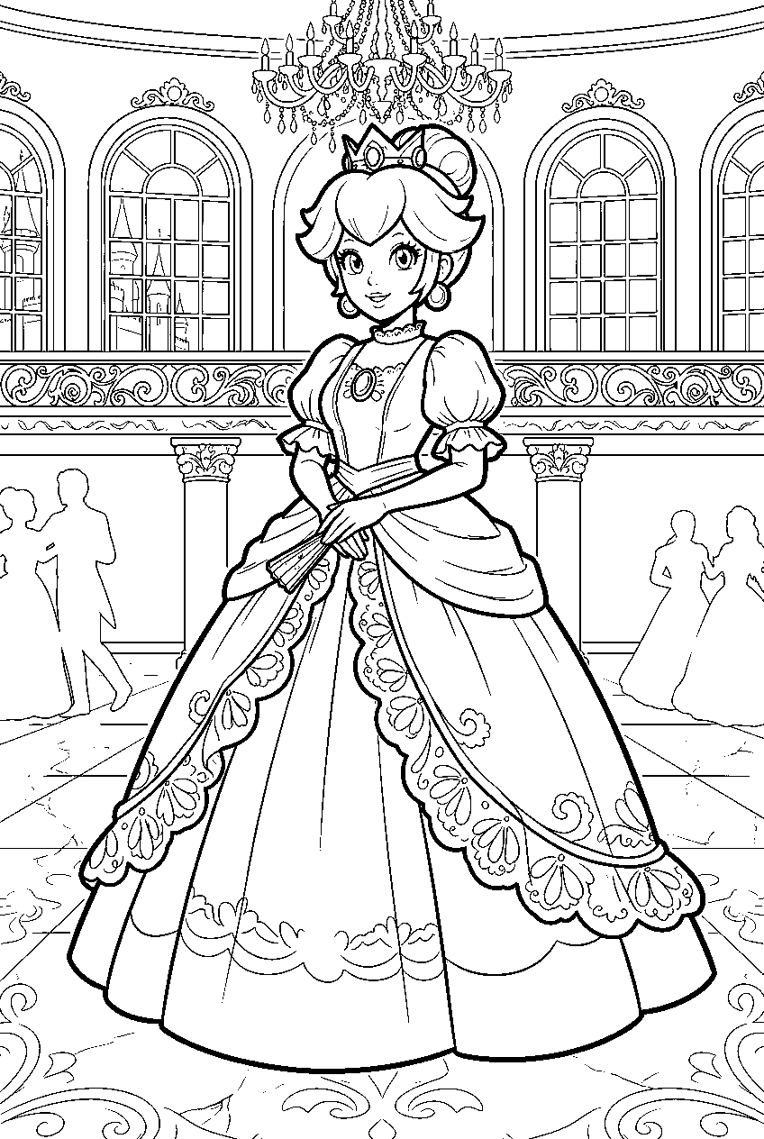 anime princess peach wearing a gown at a royal ball line art