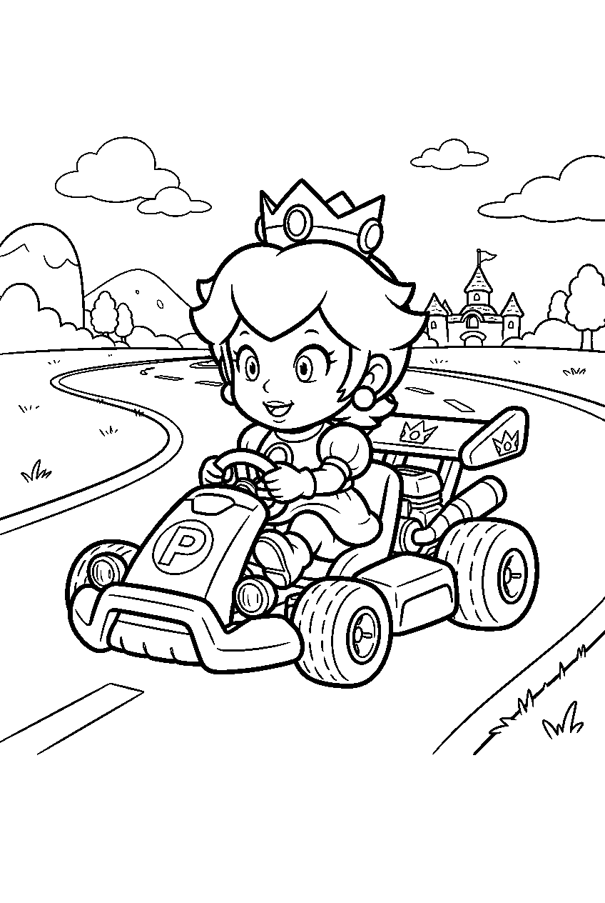 baby princess peach driving a mario kart on a race track line art