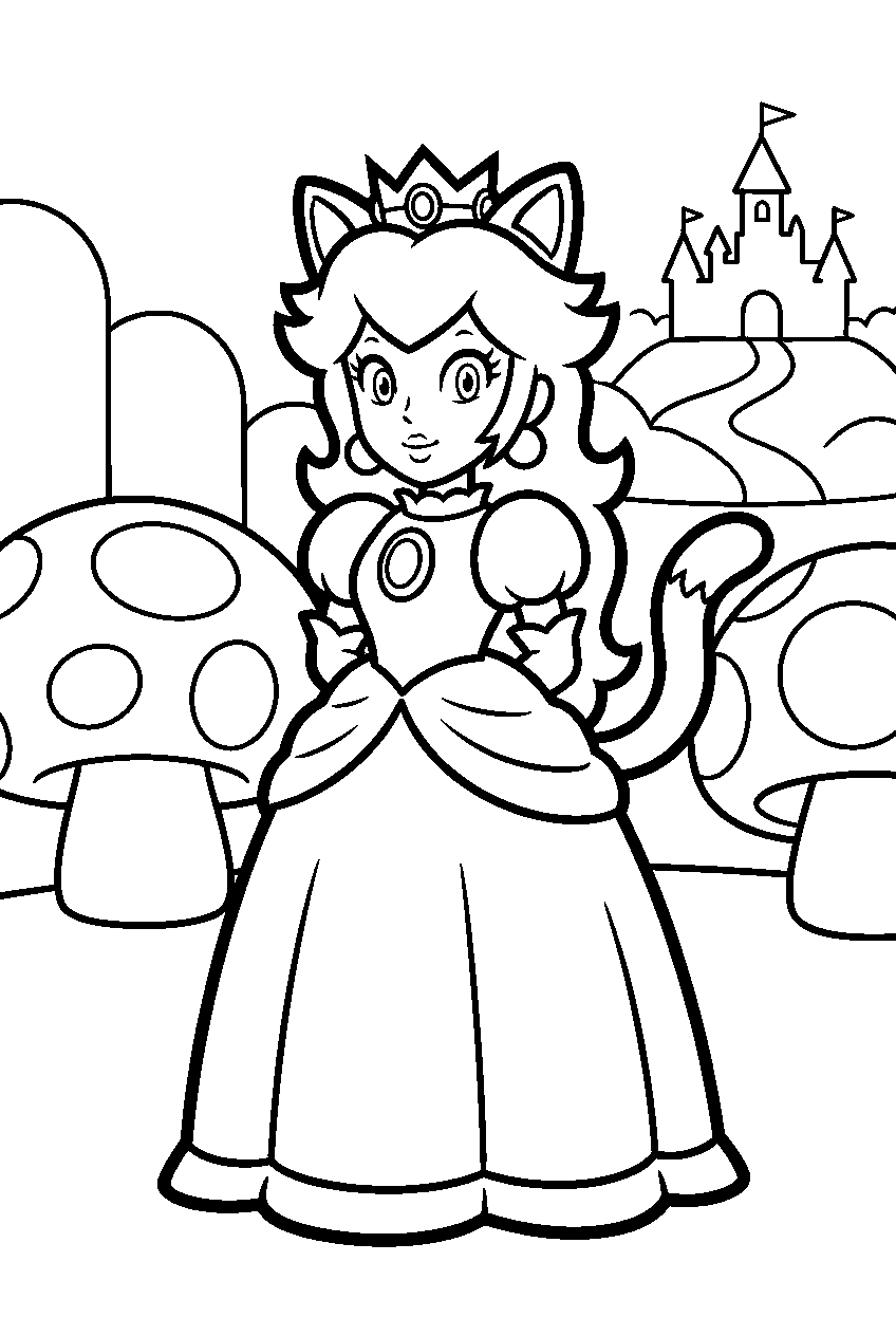 cat princess peach standing in mushroom kingdom line art