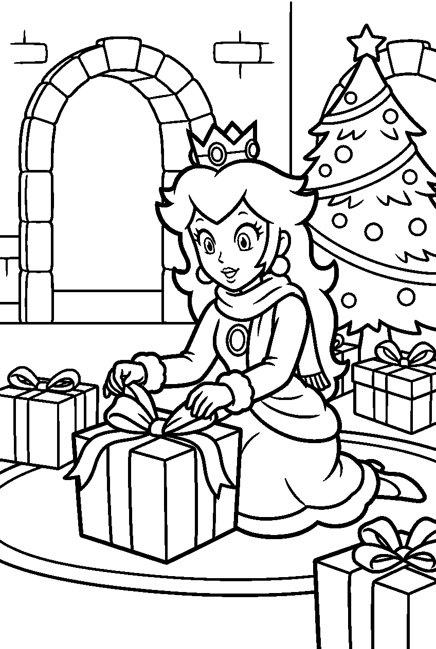 christmas princess peach opening gifts inside peach s castle line art