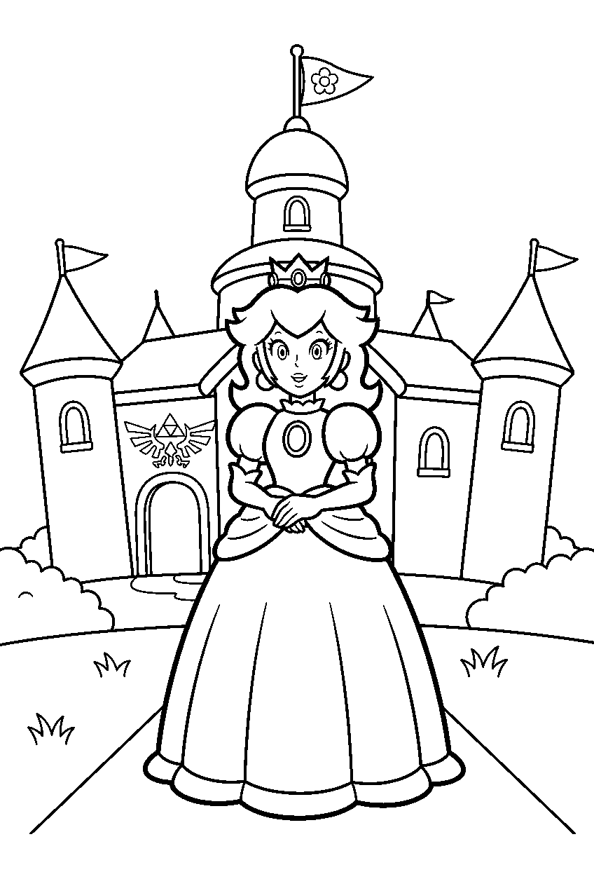 classic princess peach standing in front of peach s castle line art