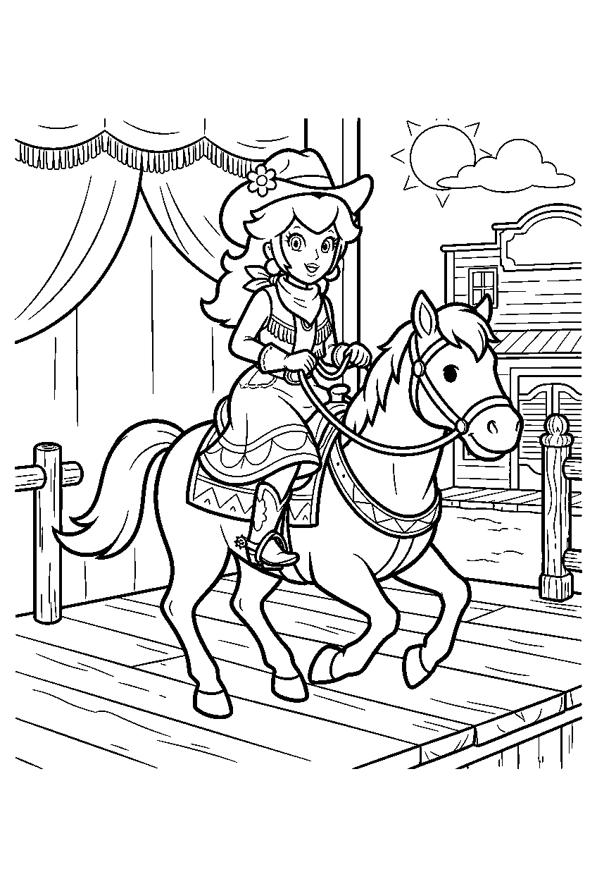 cowgirl peach riding a horse on a western stage line art
