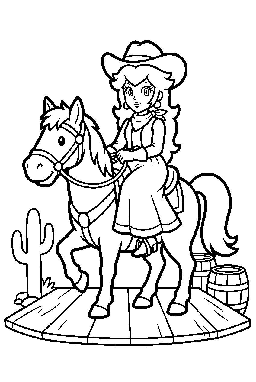 cowgirl princess peach riding a horse on a western stage line art