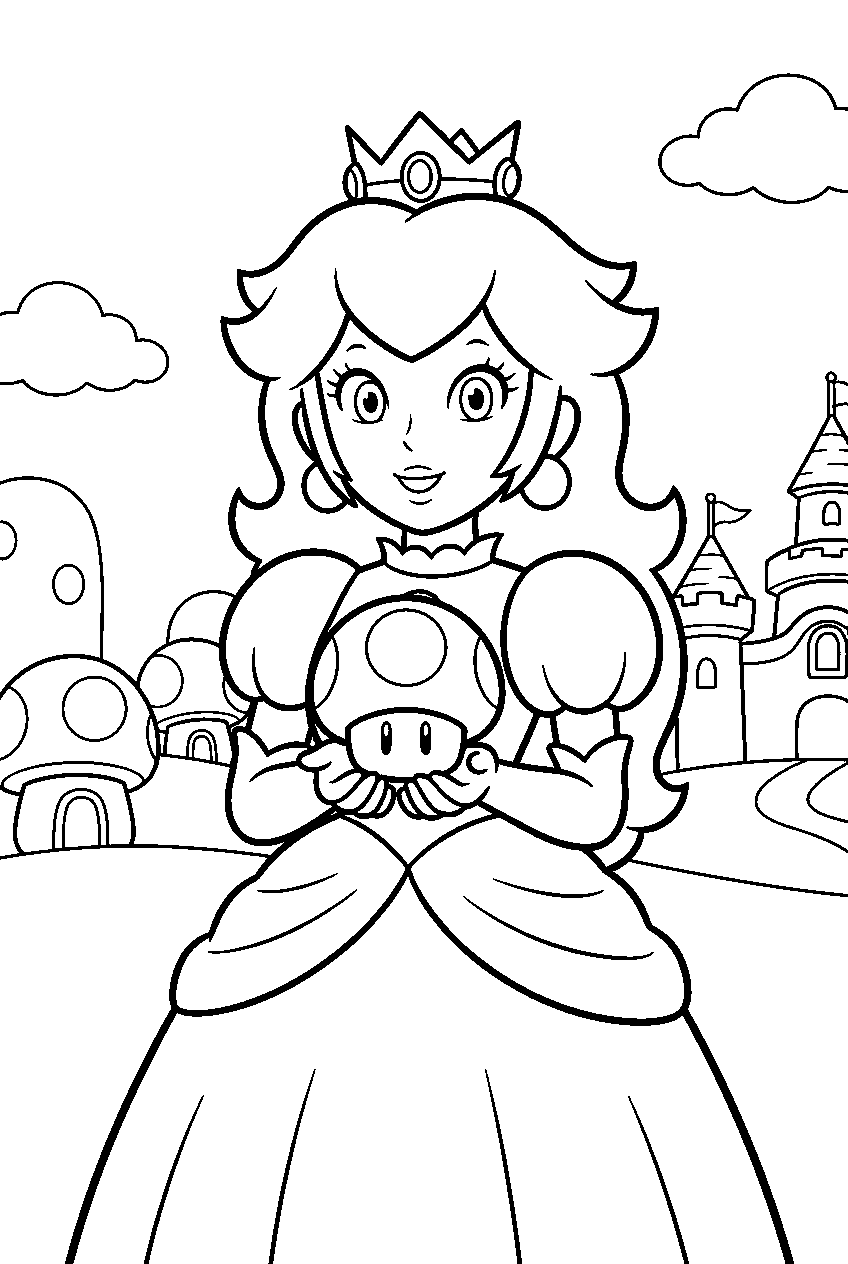 cute princess peach holding a mushroom in mushroom kingdom line art