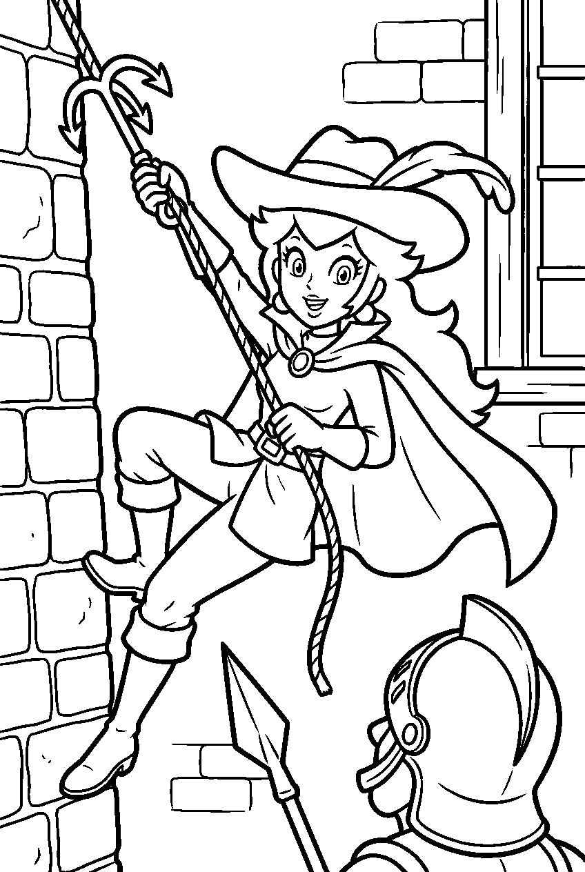 dashing thief peach grappling up a guarded building line art
