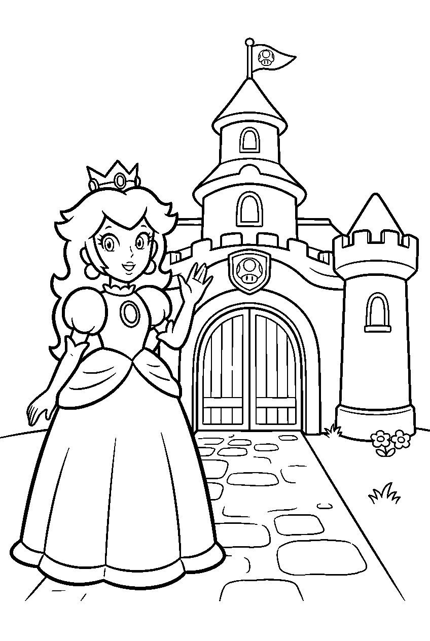 easy princess peach waving at peach s castle gate line art