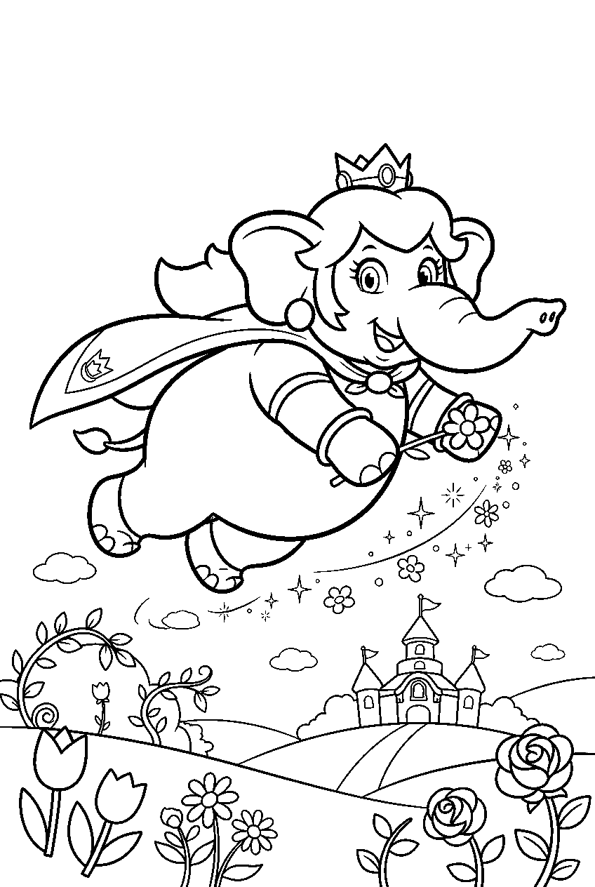 elephant princess peach flying through flower kingdom line art