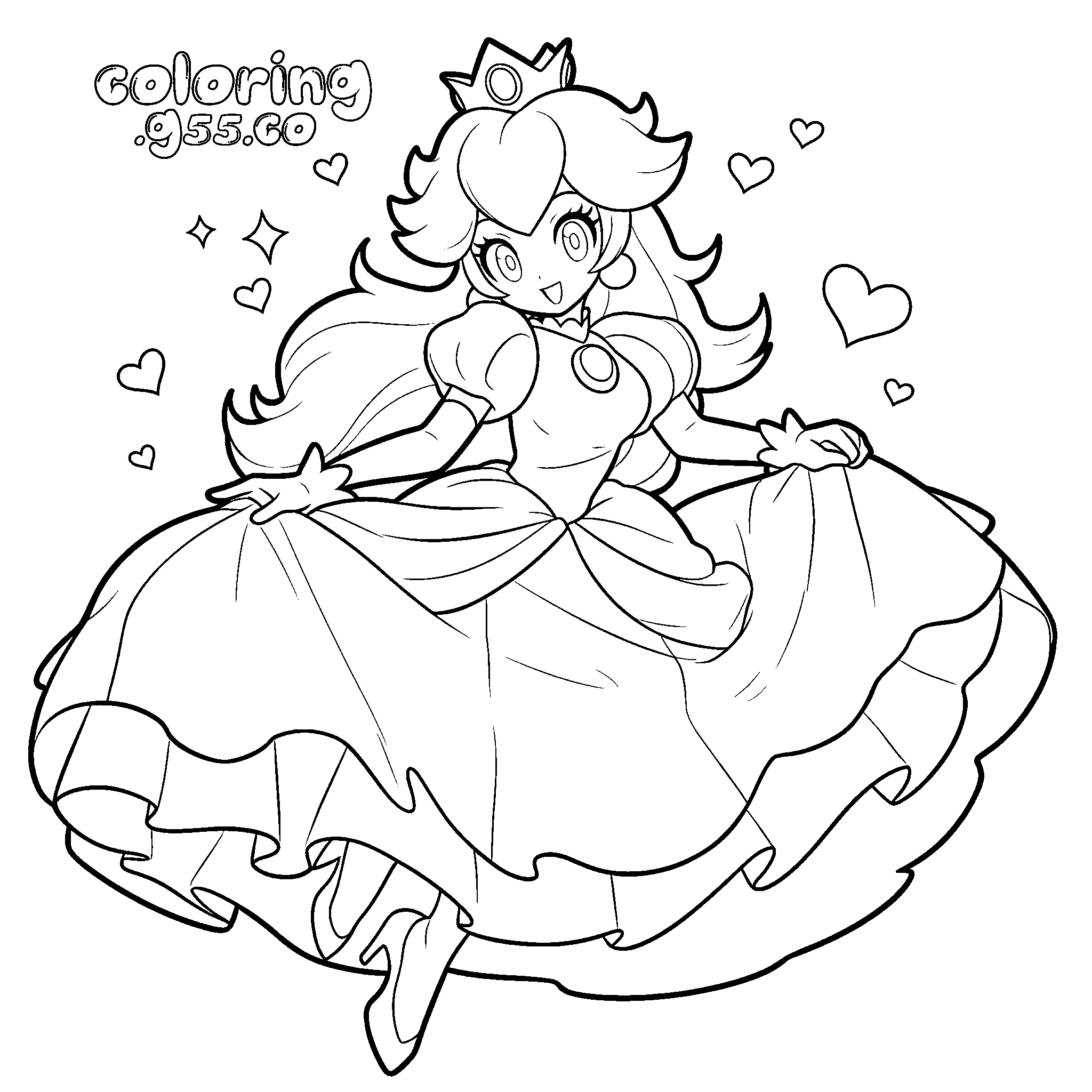 super mario princess peach floating gown hearts line art for kids