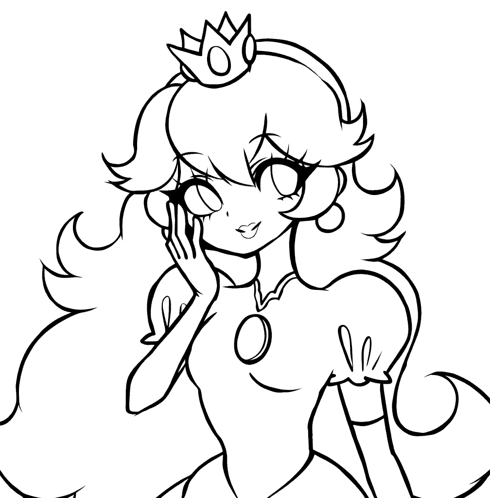 super mario princess peach shy pose line art for kids