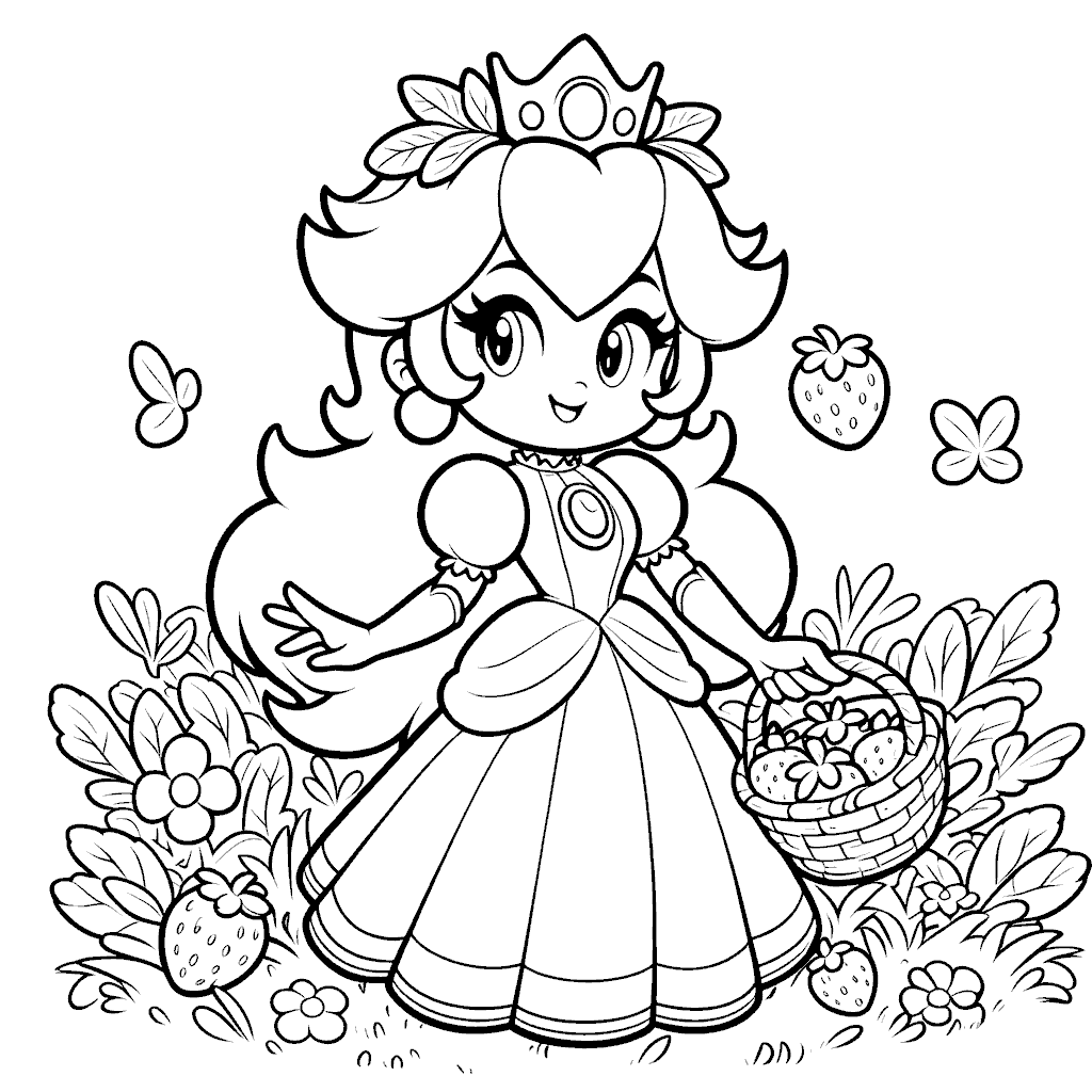 super mario princess peach strawberry line art for kids