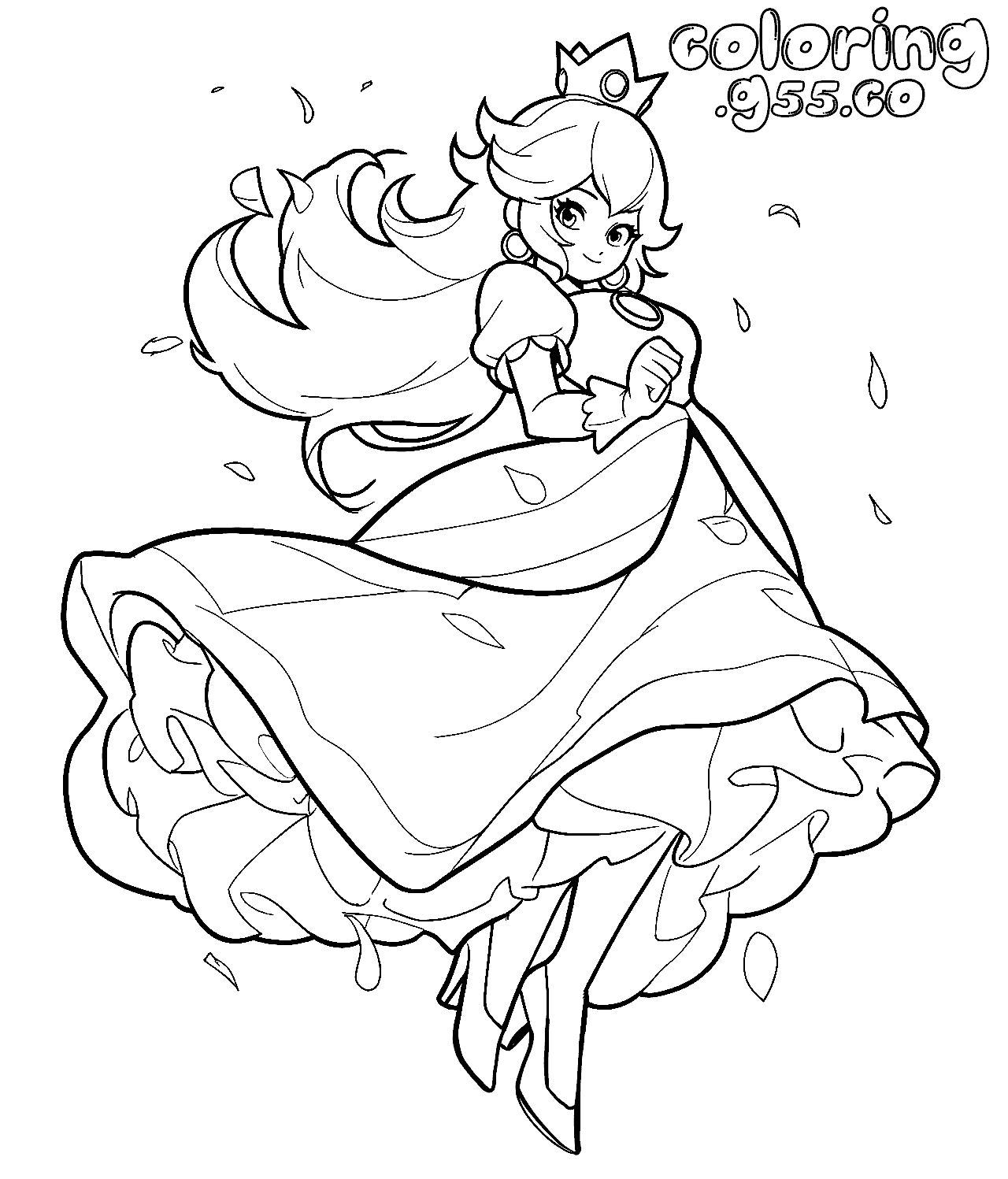 super mario princess peach wind flowing gown petals line art for kids