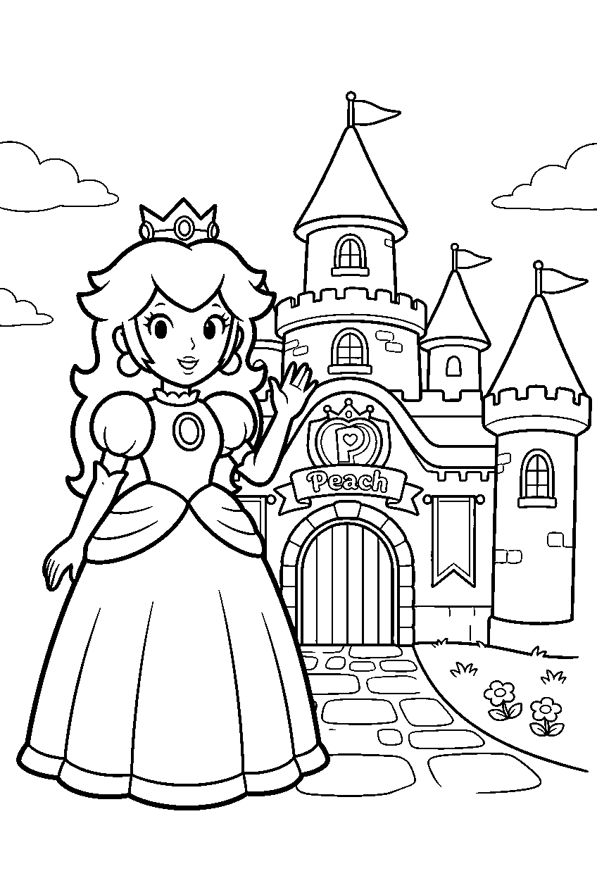 kawaii princess peach waving outside peach s castle line art