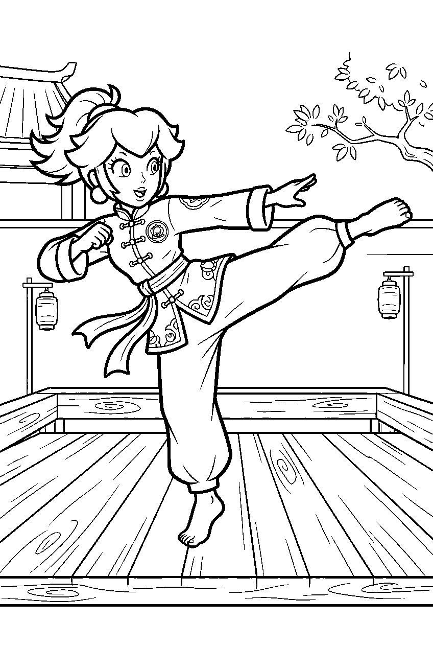 kung fu peach kicking on a martial arts stage line art