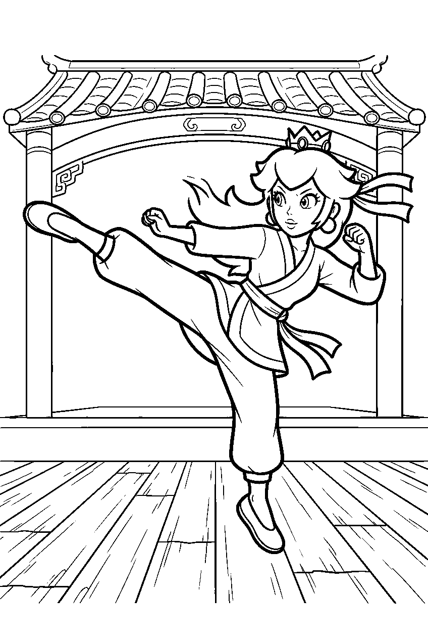 kung fu princess peach kicking on a martial arts stage line art