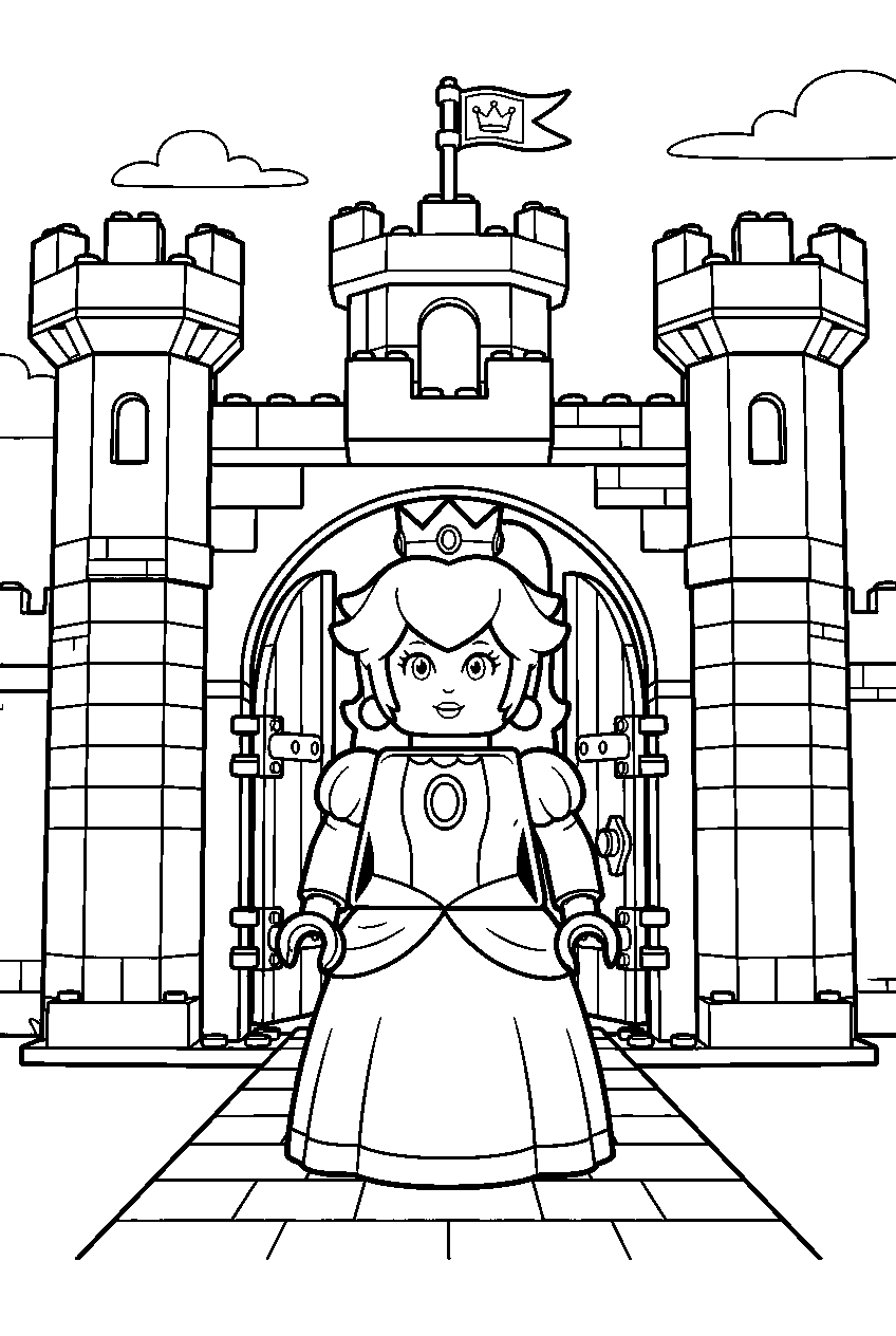 lego princess peach standing at a lego castle gate line art