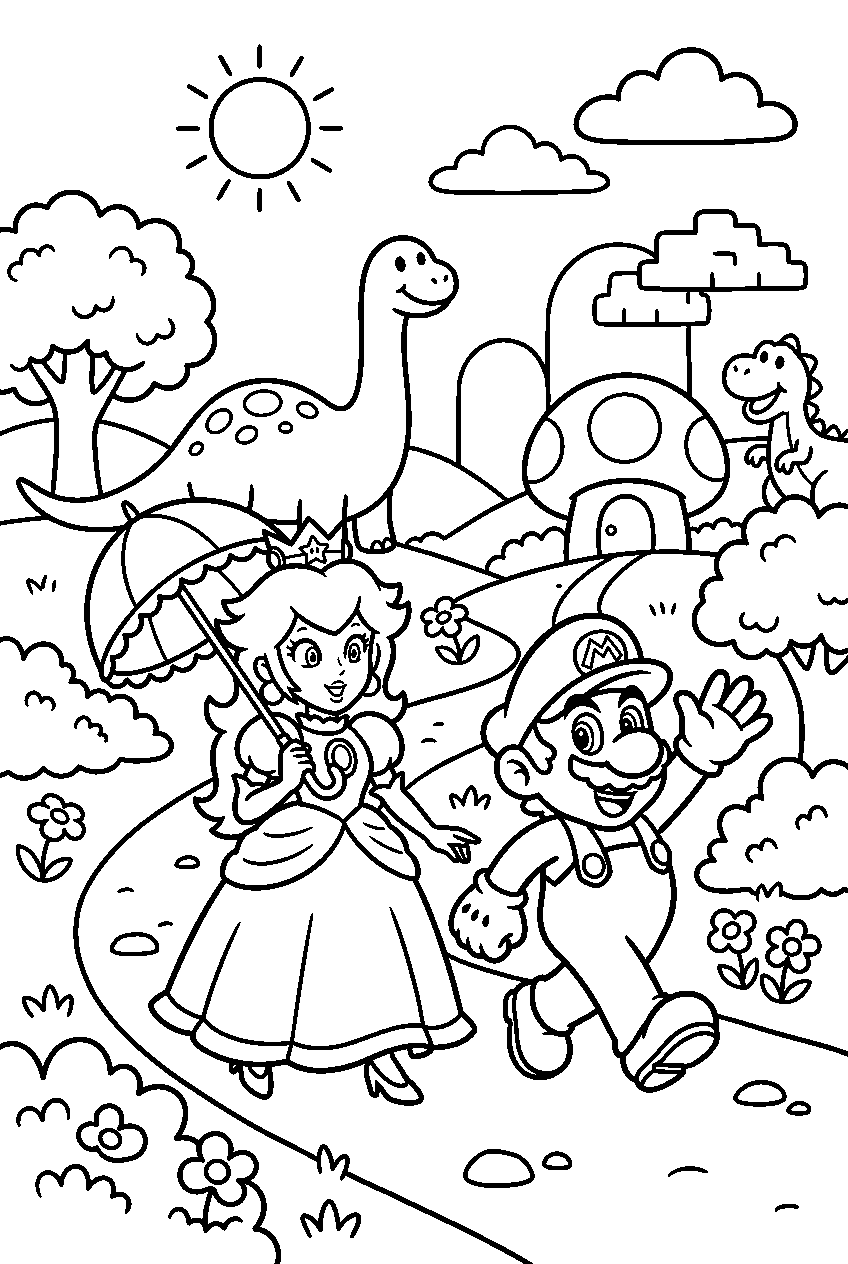 mario princess peach exploring in dinosaur land line art