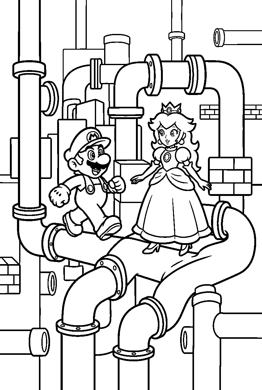 mario princess peach exploring in pipe maze line art