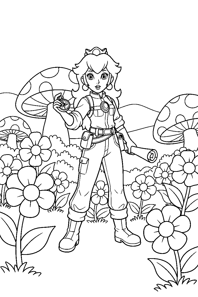 mario princess peach getting ready to explore in a flower field line art