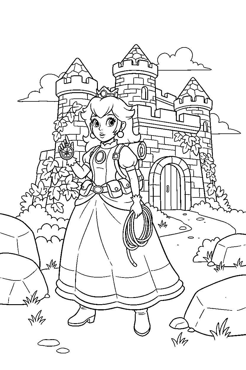 mario princess peach getting ready to explore near a fortress line art