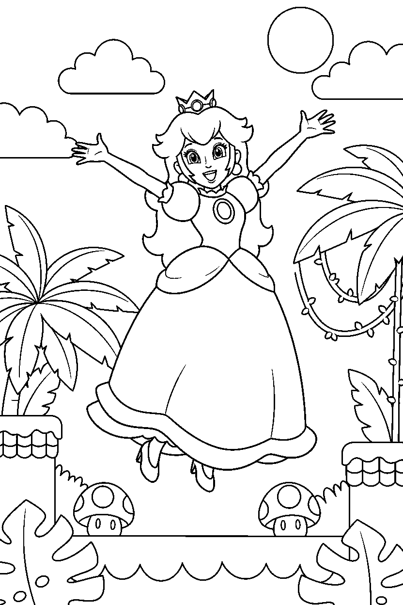 mario princess peach jumping happily in a jungle level line art