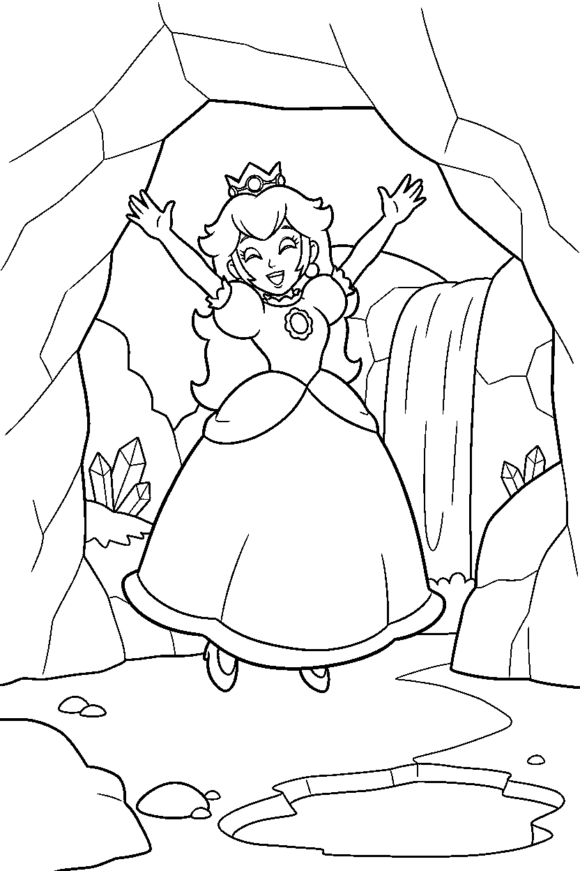 mario princess peach jumping with joy in a hidden cave line art