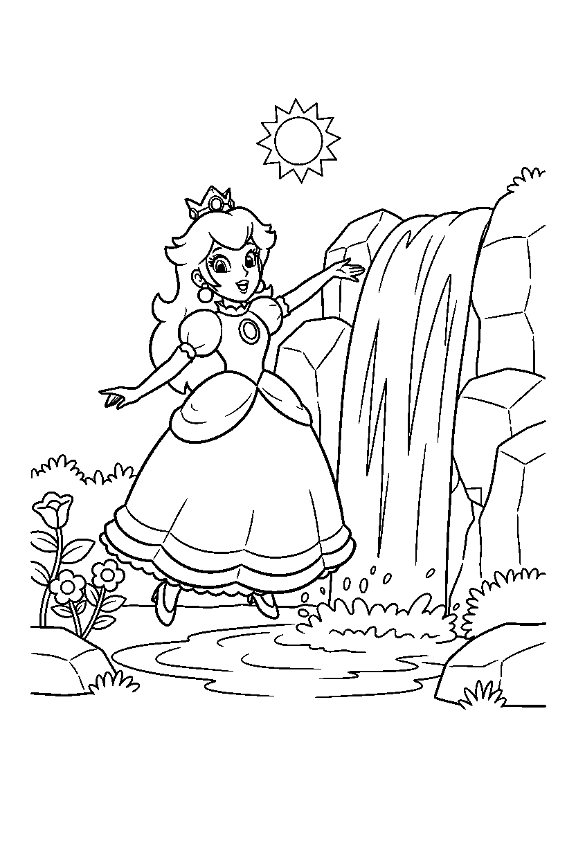 mario princess peach playing happily near a waterfall line art