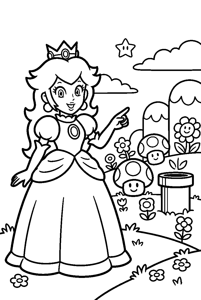 mario princess peach pointing in flower kingdom line art