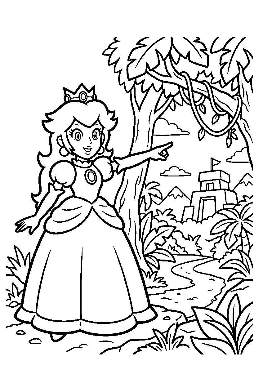 mario princess peach pointing in jungle kingdom line art