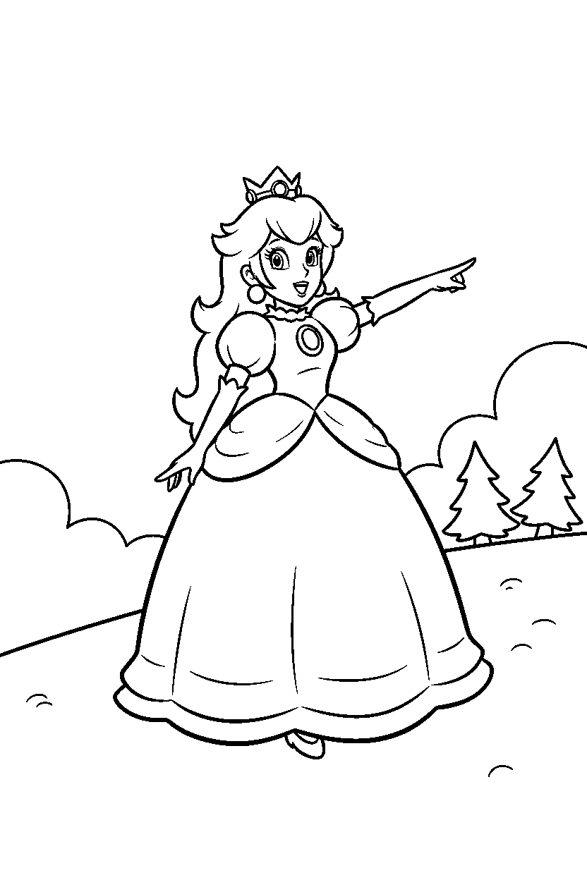 mario princess peach pointing on snowy hill line art