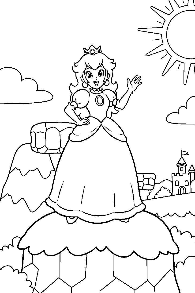 mario princess peach posing happily on a mountain level line art