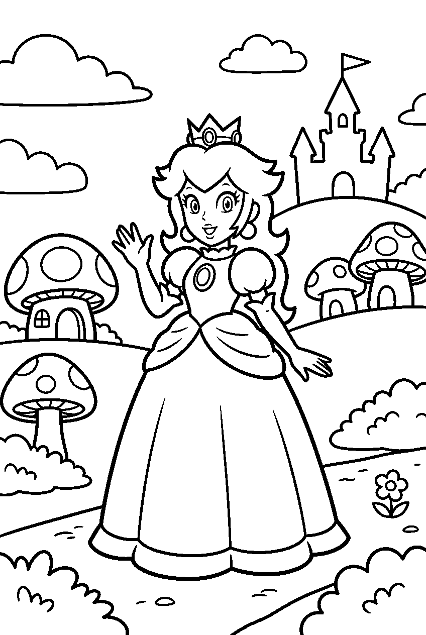 mario princess peach posing in mushroom kingdom line art