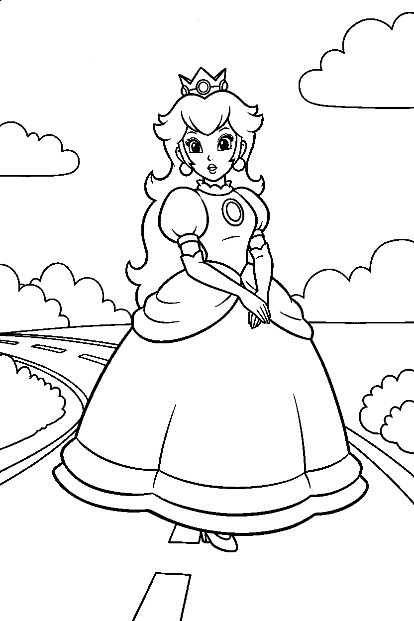 mario princess peach posing in road line art