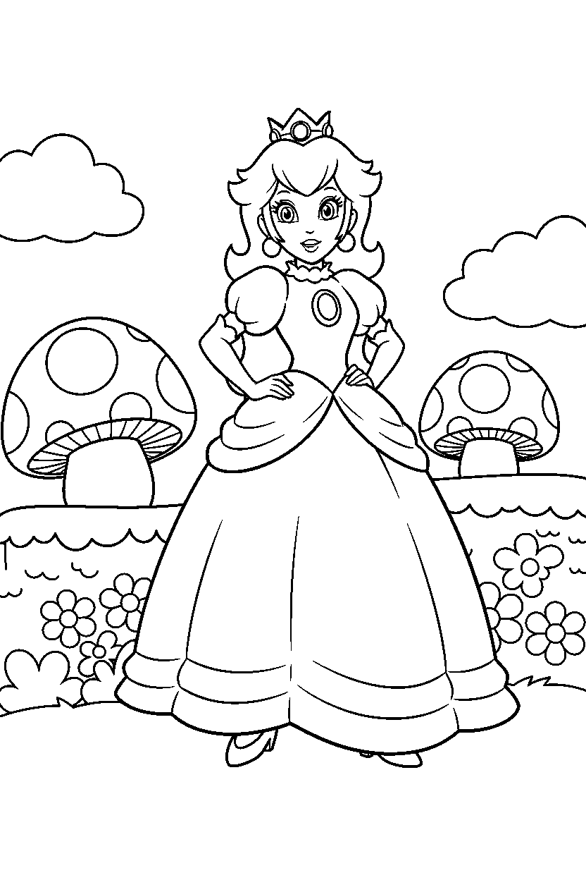 mario princess peach posing proudly in a colorful world line art
